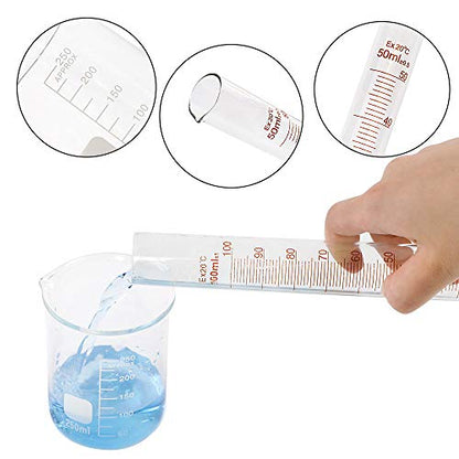 Glass Graduated Cylinder and Beaker Set 9 Pieces with Droppers | 4 Cylinders in 10 25 50 and 100ml, 3 Beakers in 50 100 and 250ml, 2 Droppers, for Lab Measuring and Experiments