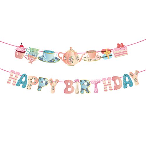 Tea Party Happy Birthday Banner Teapot Dessert Cake Party Hanging Banner Fairyland Floral Theme Birthday Bridal Wedding Baby Shower Boys Girls Kids Home Classroom Party Supplies Decoration - color: Tea Party