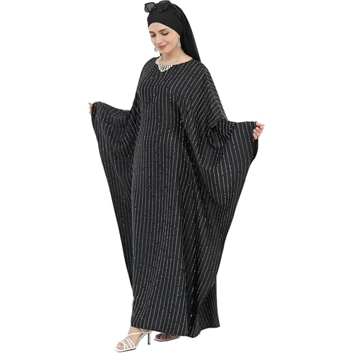 Muslim Abaya Dress 1Piece Bat Sleeve Kaftan Robe Women Islamic Maxi Dress Rhinestone Jilbab Eid Shiny Abaya(No scarf) - color: Black I