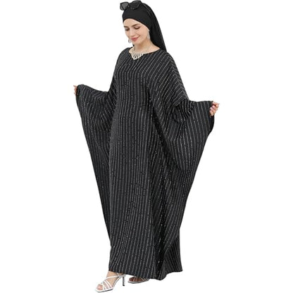 Muslim Abaya Dress 1Piece Bat Sleeve Kaftan Robe Women Islamic Maxi Dress Rhinestone Jilbab Eid Shiny Abaya(No scarf) - color: Black I