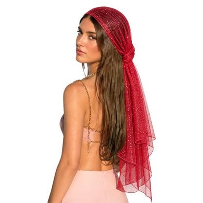 Sequin Scarf for Women Lightweight Mesh Shawl Wrap Bandana Hijab Headscarf for Summer Evening Dress - color: Brightred