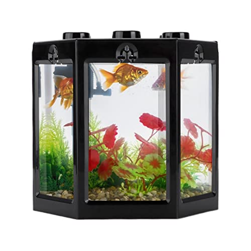 TITA-DONG Small Betta Fish Tank, Hex Shape Portable Mini Aquarium Tank, Fish Tank Starter Kits Fish Bowl Aquarium Starter Kits for Turtle Reptile Shrimp Moss Crab Insects Habitat as Decoration(Black) - color: Black