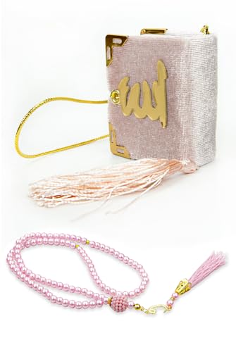 ihvan online Mini Velvet Quran Set with Islamic Finger Counter, Portable Digital Tasbeeh, Muslim Prayer Beads, Pearl Zikirmatic Beads, 3 Pieces Gift Set for Mevlüt (Pink) - color: Pink