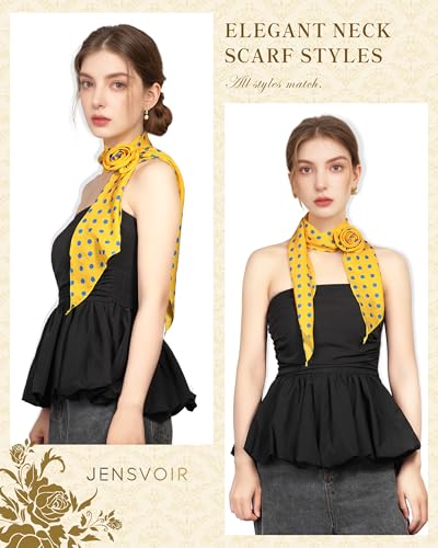 Chiffon Scarf for Women, Removable Flower Neck Scarf Light Soft Fashion Rose Scarves Versatile Headband or Hair Band - color: Yellow Blue Polka Dot