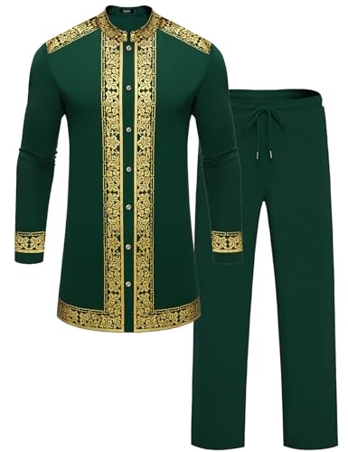 Mens African 2 Piece Set Nigerian Dashiki Metallic Traditional Suit Gold Stamp Printed Shirt and Pants Outfit - color: Dark Green, size: Small