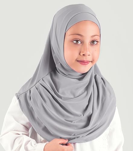 Modefa Islamic Girl Child Practical Amira Hijab Two Piece Muslim Scarf & Bonnet - Instant Easy Hijab - color: Light Grey