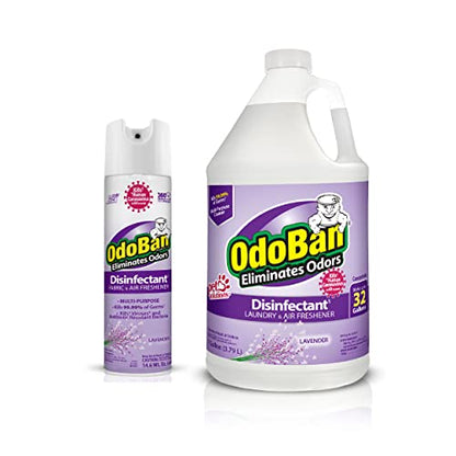 OdoBan Ready-to-Use Disinfectant and Harsh Aroma Eliminator, Set of 2, 14.6 Ounce 360-Degree Continuous Spray Fabric/Air Freshener and 1 Gallon Multi-Purpose Cleaning Concentrate, Lavender Scent - size: 71.3 Fl Oz (Pack of 2)