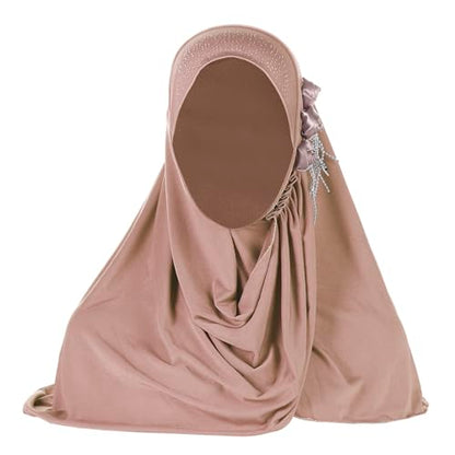 Women Soft One Piece Hijab Long Muslim Turban Islamic Full Head Scarf - color: 3 Flowers/Pink