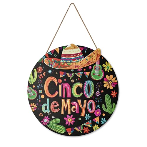Smile Cinco De Mayo Wooden Round Door Hanger, Mexican Fiesta Themed Front Door Sign with Sombrero & Cactus for Party Decor - style: Sombrero