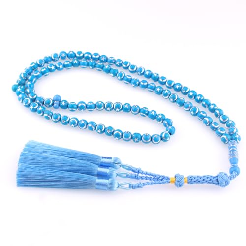 Muslims Islamic 99 Dhikr Tasbeeh Tasbih Prayer Beads, Blue Resin Beads with Tassel