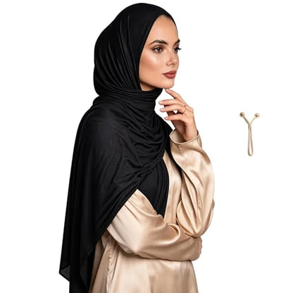 Jersey Hijab Scarf for Women,Lightweight Muslim Turban Head Scarf Modal Feel Hijab Coverings for Prayer with Clip - color: Black