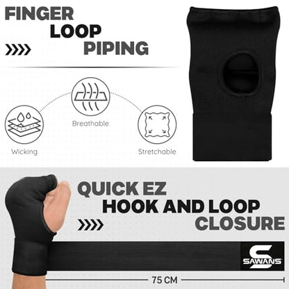 SAWANS Boxing Hand Wraps Inner Gloves for Hand Protection Long Wrist Straps Elasticated, Padded Martial Arts Combat Gloves Punching Bag Training Gel Mitts Muay Thai MMA - size: Large-X-Large