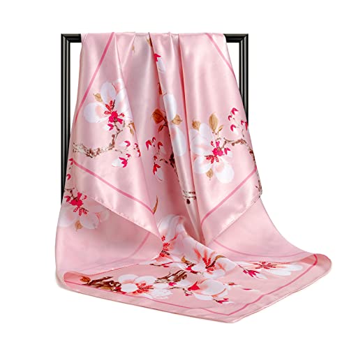 DRESHOW 35” Large Square Satin Head Scarf - 4Pcs Silk Accessories Classic Patterned Squares Beach Bandanas for Women - color: Floral Silk Scarf Set: Teal,pink,beige,burgundy