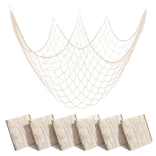 6 Pcs Natural Fish Net, 80 x 40 Inch Natural Cotton Fish Net Decorations, Ocean Themed Wall Hanging Fishing Nets for Sea Party, Beach Party, Wall Decor, Table Decor (Beige) - size: 6 Pcs