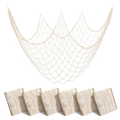 6 Pcs Natural Fish Net, 80 x 40 Inch Natural Cotton Fish Net Decorations, Ocean Themed Wall Hanging Fishing Nets for Sea Party, Beach Party, Wall Decor, Table Decor (Beige) - size: 6 Pcs