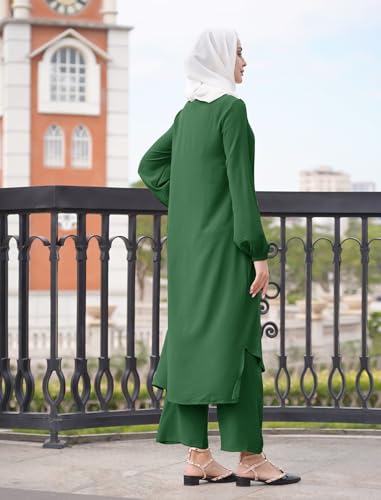 ODIZLI Women's Muslim 2 Pieces Sets Long Sleeve Button Down Shirt and Pants Abaya Casual Dress Dubai Outfits - color: Emerald Green, size: Large