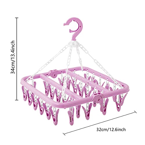 SteelFever Clothes Drying Hanger with 32 Clips, Foldable Hanging Drying Rack for Clothes Underwear Socks (Purple) - color: Purple