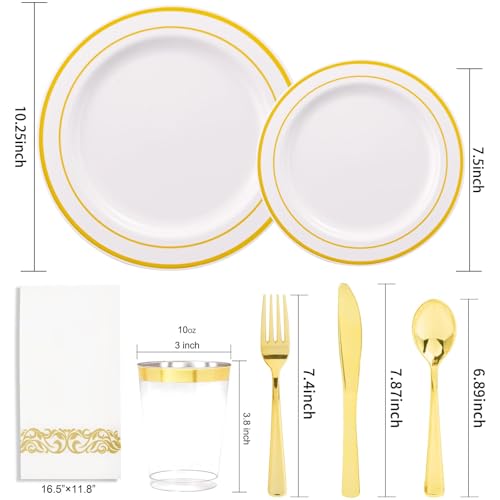 350 Pieces White and Gold Plastic Plates - 50 Guest Dinnerware Set Include 100 Plates, 50 Gold Plastic Silverware, 50 Paper Napkins and 50 Cups for Wedding/Baby Shower/Spring/Birthday/Mother's Day - color: Gold - Modern, size: 350