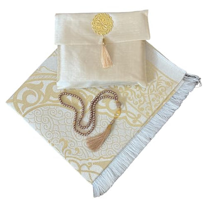 Muslim Prayer Rug and Beads with Elegant Slub Fabric Bag | Janamaz | Sajadah | Soft Islamic Prayer Rug | Islamic & Mawlid Gifts | Prayer Carpet Mat, Taffeta Fabric (Gold, 1 Sets) - color: Gold, size: 1 Sets
