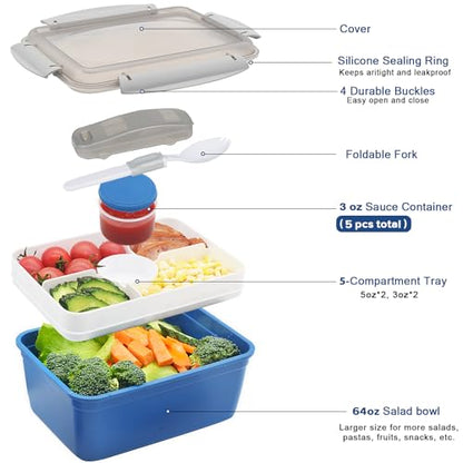 shopwithgreen LARGER Salad Containers To Go for Lunch (3 Pack), Bento Box with Dressing Pots & 5-Compartment Removable Tray, Microwave and Dishwasher Safe, BPA-free, 64 oz - color: Dark Green&Rose Red&Dark Blue
