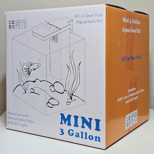 Level One Pets 3 Gallon Mini Betta, Small Fish Aquarium Kit - Includes Duo 2 in 1 Submersible Filter with LED Light - size: 3 Gallon Aquarium Kit - Includes Filter with Light