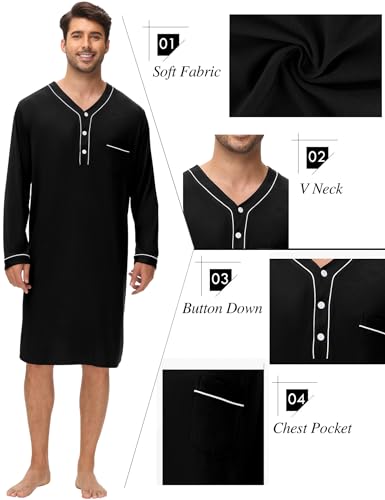 SWOMOG Men's Nightshirt Long Sleeve Nightgown Soft Loose Sleepwear Lightweight Nightwear Comfy Henley Sleep Shirt M-3XL - color: Black, size: Medium