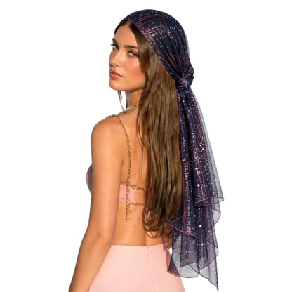 Sequin Scarf for Women Lightweight Mesh Shawl Wrap Bandana Hijab Headscarf for Summer Evening Dress - color: Navy