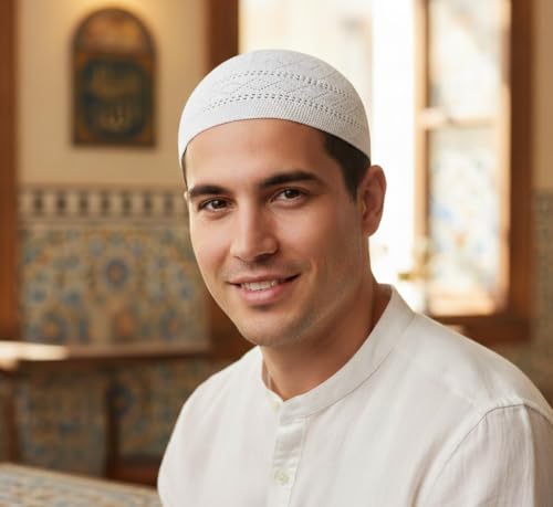 ESERRA Kufi Hats for Men - Prayer Cap, Handicraft Taqiyah, Muslim Tasbih 99 Beads, Prayer Beads - color: White and Black