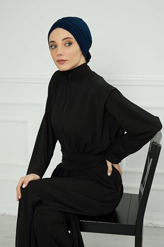 Aisha's Design Instant Turban Head Wraps for Women, Combed Cotton Scarf Lightweight Pre tied Hijab with Back Rose Detail - color: Navy Blue