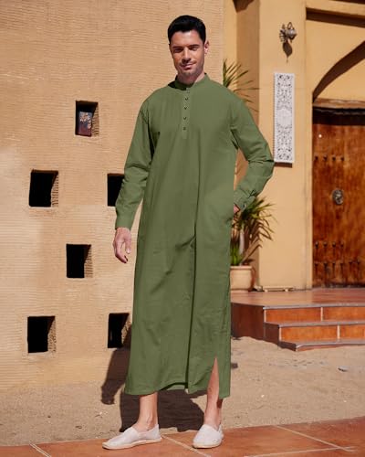 YAOHUOLE Muslim Thobe for Men Button down Mens Caftans Big and Tall Mens Arab Thobe with Pocket - color: Army Green, size: X-Large