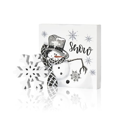 Smile Christmas Indoor Decor, Snowflake Snowman Square Sign Wooden Sign for Desk Table Shelf Office Farm Decoration Kitchen 5 x 5 Inches. - style: Snowman