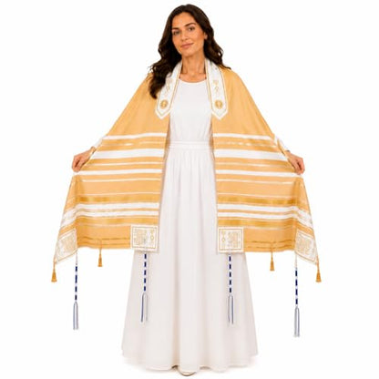 The Holy Promise Messianic Prayer Shawl-72 x22 Christian Tallit with Biblical Verses-Includes Carrying Bag - color: Gold/Beige