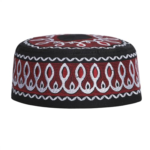 RUIXIA Men Boys Muslim Prayer Kufi Hat Skull Cap Embroidery Islam Kufi Headware takke Praying Beanie Hat Kofia Topi Hat - color: Wine Red--kids 7-10yrs