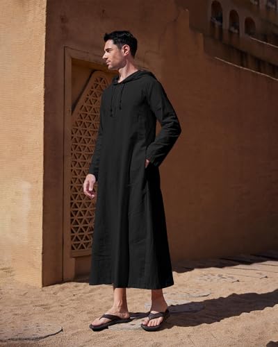 YAOHUOLE Long Sleeve Kaftan Thobe Button down Men Thobe with Pocket Big and Tall Kaftan Muslim Men Thobe - color: Black, size: 3X-Large