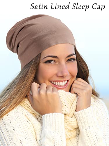 SATINIOR 4 Pieces Satin Lined Sleep Cap Silk Bonnet for Sleeping Women, Silk Hair Wrap Slouch Beanie Hat - color: Black, Wine Red, Khaki, Green