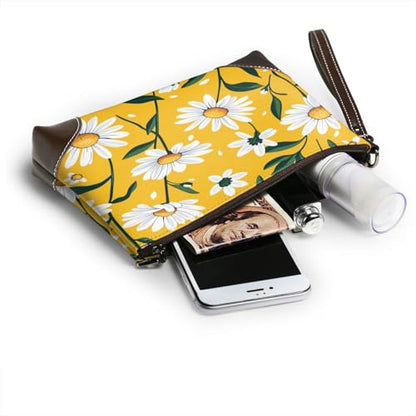 Leather Clutch Purse for Women, Large Capacity Wristlet Wallet with Removable Strap, Zip Handbag - color: Daisies on Yellow Background
