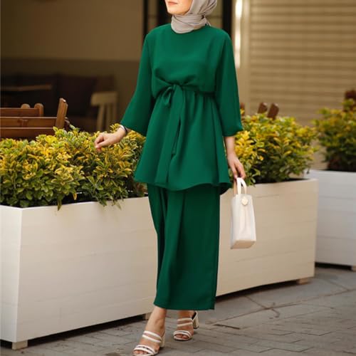 IWEMEK Abayas for Women Muslim Long Sleeve Loose Top Pants 2 Pcs Eid Ramadan Outfits Casual Islamic Muslim Clothes with Belt - color: Dark Green, size: Small