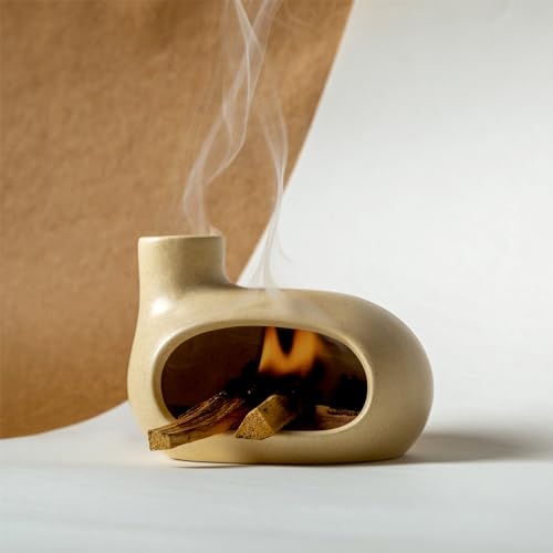 MOUGIGI Palo Santo Holder - Ceramic Incense Burner for Palo Santo Sticks, Cone, and Spiritual Sage - Modern Chiminea for Meditation - Handcrafted Smudge Bowl and Meditation Gift - color: Glazed Ceramics - Beige