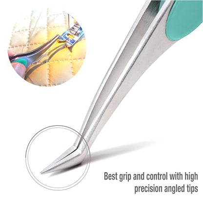 Beaditive High Precision Angled Tip Tweezers with Cushion Grip - 4.7" Craft Tweezers for Sewing, Beading & DIY Crafts - Non-Serrated Jewelry Tweezers with Fine Angled Tips - Stainless Steel (Teal) - color: Teal