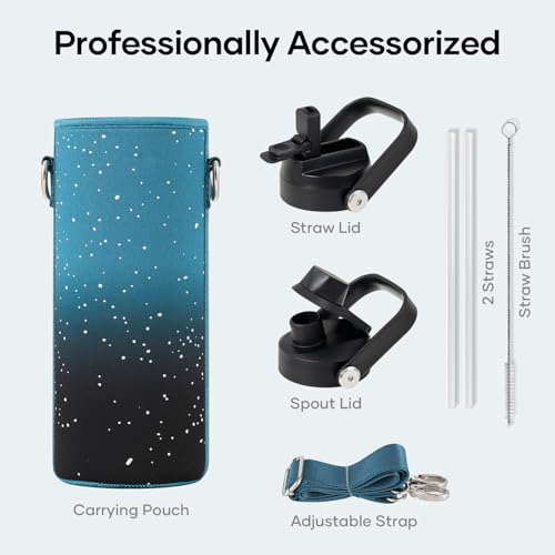 BUZIO 24 oz Insulated Water Bottle, Stainless Steel Wide Mouth Water Flask with Straw Lid, Cold for 48 Hrs Leak Proof Metal Hydro Thermo Canteen Mug, Dappled Navy Black - color: Dappled Navy Black, size: 24 Ounces