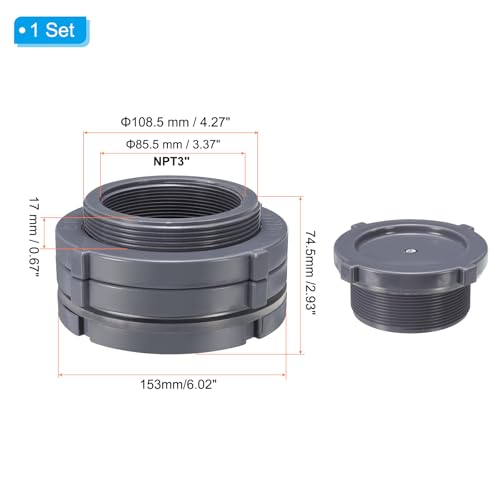 PATIKIL PVC Bulkhead Fitting with Plug NPT3", Bulkhead Water Tank Connector with Silicone Seal Gasket Garden Hose Fitting with Plug for Rain Bucket, Sinks, Aquariums, Gray