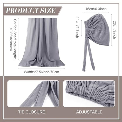 4 Pcs Women Solid Chiffon Hijab Scarves and Undercap Set Long Shawl Soft Wrap Scarves Muslim Inner Hijab Caps - color: Black, Dark Gray