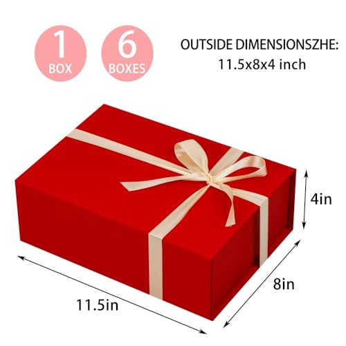 UoeRing 6 Pcs Red Gift Box 11.5x8x4 Inch with Magnetic Lid | Collapsible Luxury Present Box,for Birthday,Christmas Holiday Gift Includes Card,Ribbon,Tissue Paper & Shredded Filler - color: 11.5x8x4 Inch-Red-Pack of 6