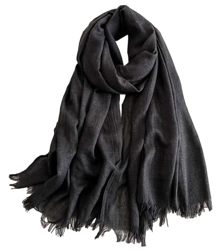 Solid color cotton and linen scarf, wrinkled all season versatile long sunscreen fashionable shawl - color: Black Grey