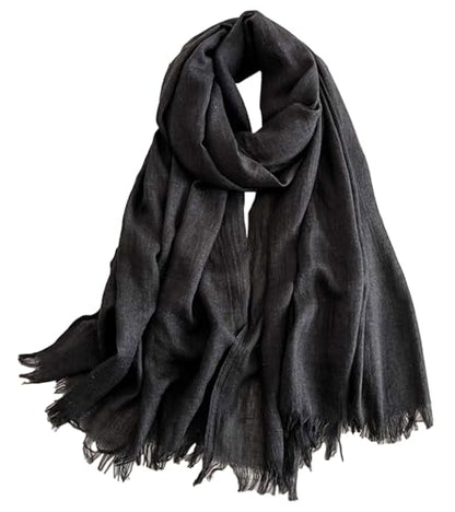 Solid color cotton and linen scarf, wrinkled all season versatile long sunscreen fashionable shawl - color: Black Grey