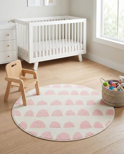Rugs.com Whimsy Kids Collection Rug – 3 Ft Round Ivory and Pink Medium-Pile Rug Perfect for Kitchens, Dining Rooms - color: Ivory and Pink, size: 3' 3 Round