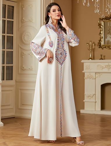 ABEWIP Muslim Dresses for Women Ramadan Kimono Long Sleeve Embroidered Islamic Prayer Dress Turkey Dubai Eid Abaya Kaftan - color: Apricot, size: XX-Large