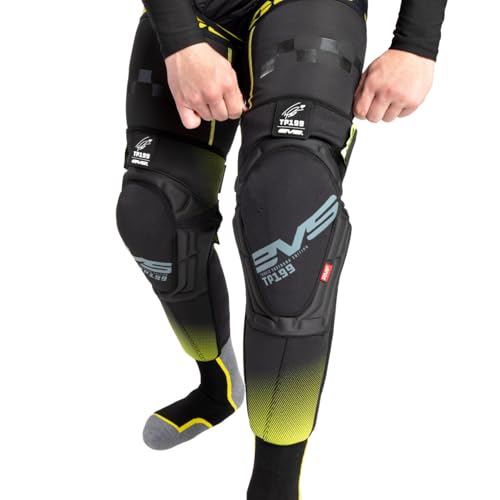 EVS TP199 Travis Pastrana, Moto Knee/Shin Guard, Reactive Memory Foam | CE Level 2 knee protection w/ RMF impact foam, breathable air mesh, stabilizer sleeve, silicone grippers, polyflex shin guard - color: Black/HI VIZ, size: Large-X-Large