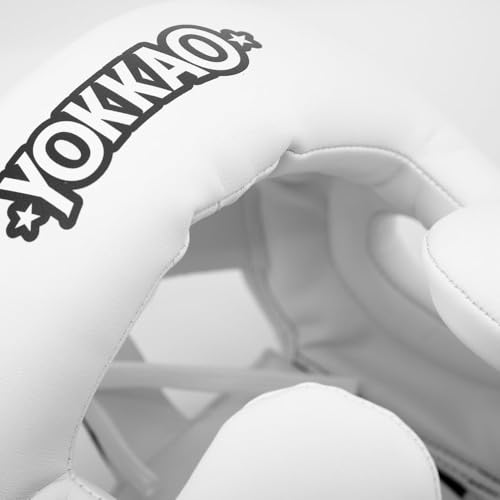 YOKKAO Premium Head Guard | Handmade Genuine Leather Headgear | Ideal for Muay Thai, Boxing, Kickboxing Sparring, Hard Training & Professional Competitions - color: White Training, size: Large