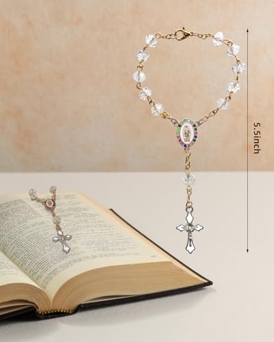 Rimvoe Car Rosary for Rearview Mirror Hanging - Catholic Religious Devout Gift with Virgin Mary Charm and Crucifix, Ideal Catholic Rosary Gifts for Men & Women - color: white
